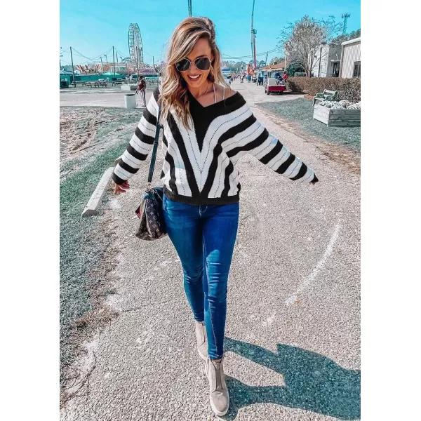imagePRETTYGARDEN Womens Fashion Long Sleeve Striped Color Block Knitted Sweater Crew Neck Loose Pullover Jumper TopsStriped Black