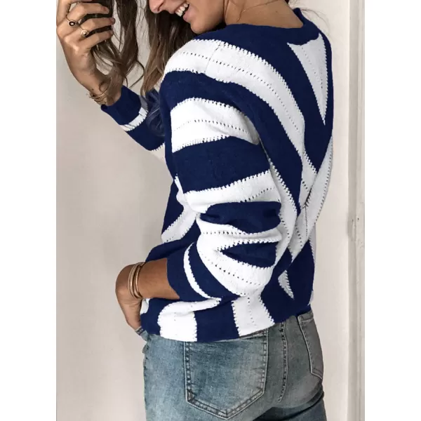 imagePRETTYGARDEN Womens Fashion Long Sleeve Striped Color Block Knitted Sweater Crew Neck Loose Pullover Jumper TopsStriped Blue