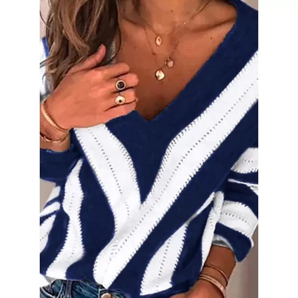 imagePRETTYGARDEN Womens Fashion Long Sleeve Striped Color Block Knitted Sweater Crew Neck Loose Pullover Jumper TopsStriped Blue