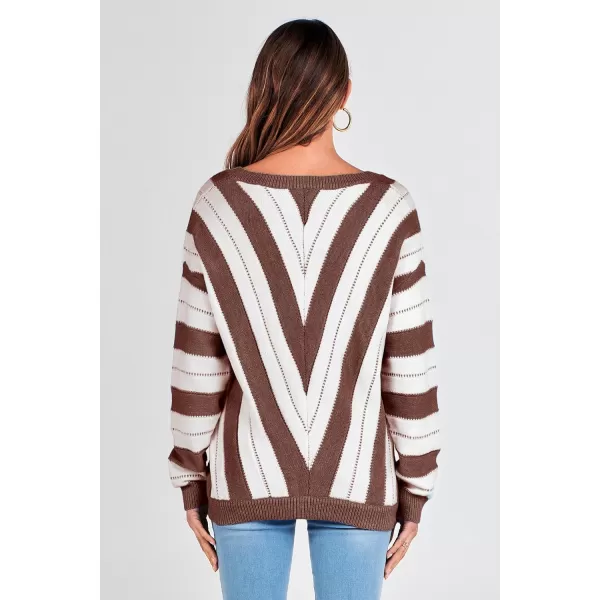 imagePRETTYGARDEN Womens Fashion Long Sleeve Striped Color Block Knitted Sweater Crew Neck Loose Pullover Jumper TopsStriped Brown
