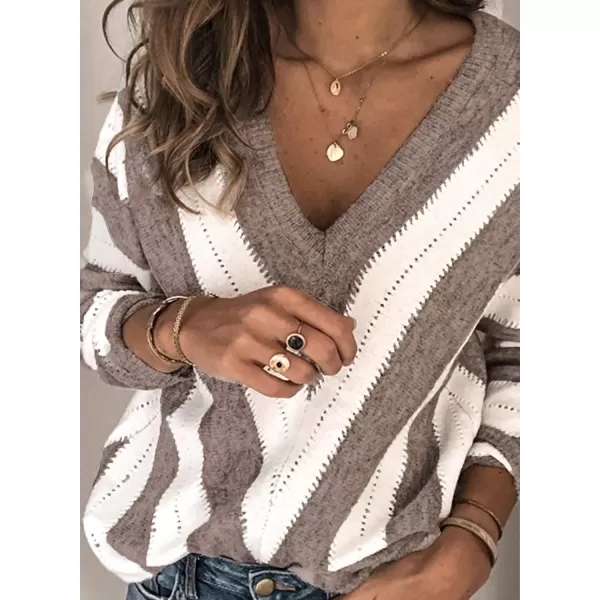 imagePRETTYGARDEN Womens Fashion Long Sleeve Striped Color Block Knitted Sweater Crew Neck Loose Pullover Jumper TopsStriped Camel