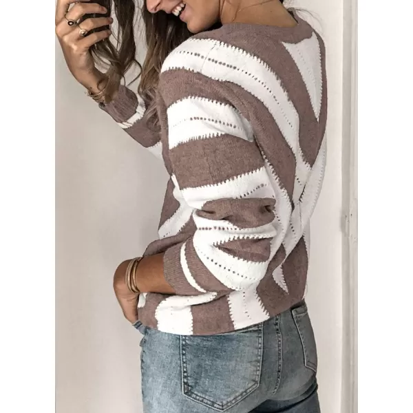 imagePRETTYGARDEN Womens Fashion Long Sleeve Striped Color Block Knitted Sweater Crew Neck Loose Pullover Jumper TopsStriped Camel