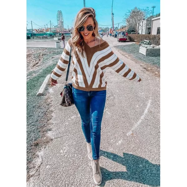 imagePRETTYGARDEN Womens Fashion Long Sleeve Striped Color Block Knitted Sweater Crew Neck Loose Pullover Jumper TopsStriped Coffee