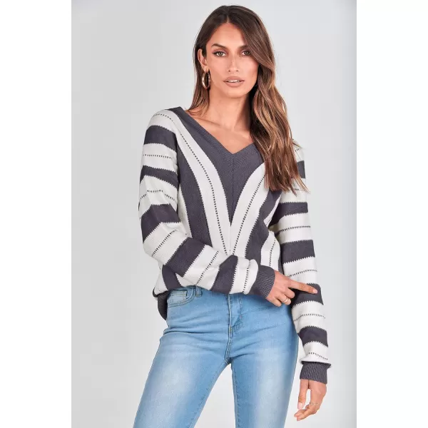 imagePRETTYGARDEN Womens Fashion Long Sleeve Striped Color Block Knitted Sweater Crew Neck Loose Pullover Jumper TopsStriped Dark Grey