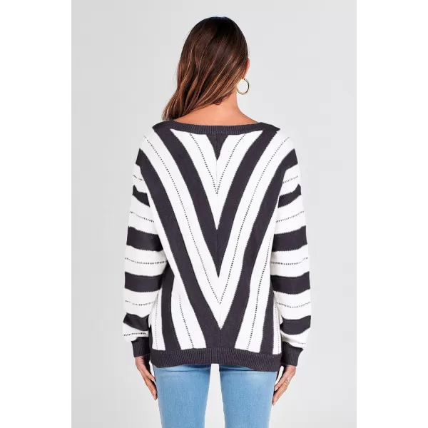 imagePRETTYGARDEN Womens Fashion Long Sleeve Striped Color Block Knitted Sweater Crew Neck Loose Pullover Jumper TopsStriped Dark Grey