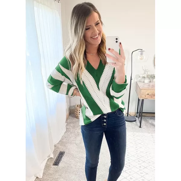 imagePRETTYGARDEN Womens Fashion Long Sleeve Striped Color Block Knitted Sweater Crew Neck Loose Pullover Jumper TopsStriped Green