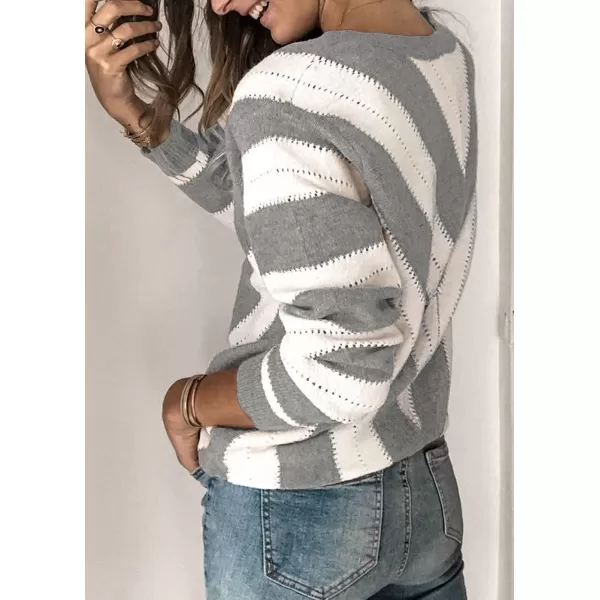 imagePRETTYGARDEN Womens Fashion Long Sleeve Striped Color Block Knitted Sweater Crew Neck Loose Pullover Jumper TopsStriped Light Grey