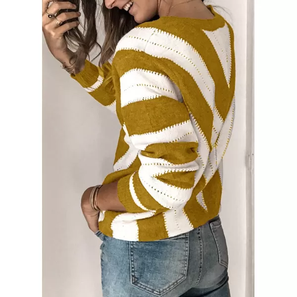 imagePRETTYGARDEN Womens Fashion Long Sleeve Striped Color Block Knitted Sweater Crew Neck Loose Pullover Jumper TopsStriped Mustard Yellow