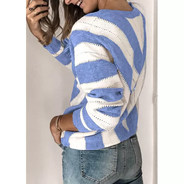 imagePRETTYGARDEN Womens Fashion Long Sleeve Striped Color Block Knitted Sweater Crew Neck Loose Pullover Jumper TopsStriped Sky Blue