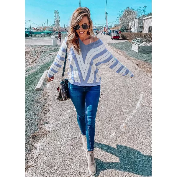 imagePRETTYGARDEN Womens Fashion Long Sleeve Striped Color Block Knitted Sweater Crew Neck Loose Pullover Jumper TopsStriped Sky Blue