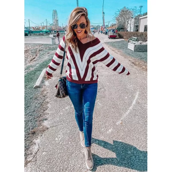 imagePRETTYGARDEN Womens Fashion Long Sleeve Striped Color Block Knitted Sweater Crew Neck Loose Pullover Jumper TopsStriped Wine Red