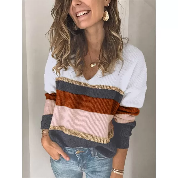 imagePRETTYGARDEN Womens Fashion Long Sleeve Striped Color Block Knitted Sweater Crew Neck Loose Pullover Jumper TopsWide Striped Dark Brown