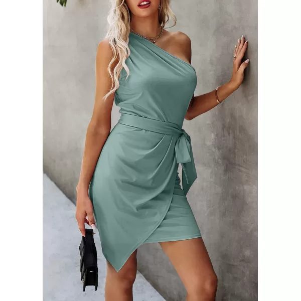 imagePRETTYGARDEN Womens Fashion One Shoulder Ruched Bodycon Fitted Cocktail Party Mini DressAqua Blue