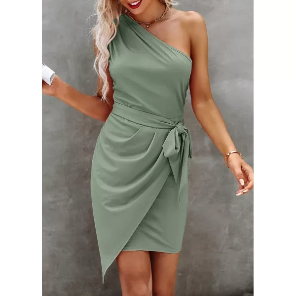 imagePRETTYGARDEN Womens Fashion One Shoulder Ruched Bodycon Fitted Cocktail Party Mini DressBean Green