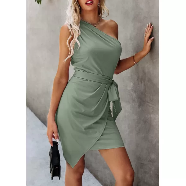 imagePRETTYGARDEN Womens Fashion One Shoulder Ruched Bodycon Fitted Cocktail Party Mini DressBean Green