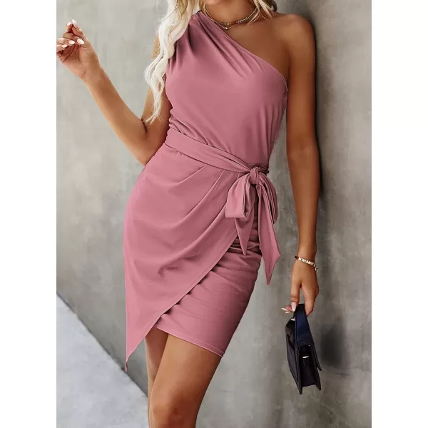 imagePRETTYGARDEN Womens Fashion One Shoulder Ruched Bodycon Fitted Cocktail Party Mini DressDusty Pink
