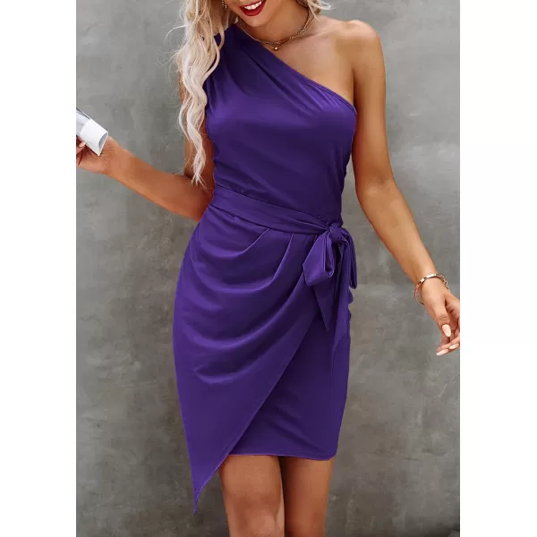 imagePRETTYGARDEN Womens Fashion One Shoulder Ruched Bodycon Fitted Cocktail Party Mini DressEggplant Purple