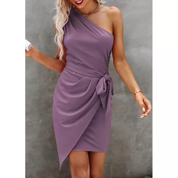 imagePRETTYGARDEN Womens Fashion One Shoulder Ruched Bodycon Fitted Cocktail Party Mini DressGrey Purple
