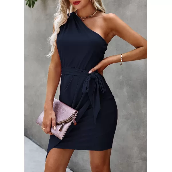 imagePRETTYGARDEN Womens Fashion One Shoulder Ruched Bodycon Fitted Cocktail Party Mini DressNavy