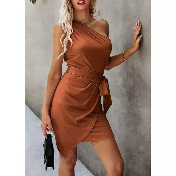 imagePRETTYGARDEN Womens Fashion One Shoulder Ruched Bodycon Fitted Cocktail Party Mini DressOrange Red