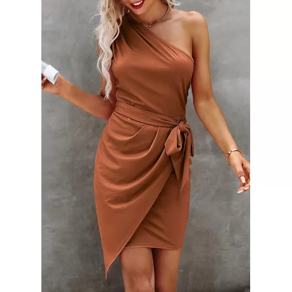imagePRETTYGARDEN Womens Fashion One Shoulder Ruched Bodycon Fitted Cocktail Party Mini DressOrange Red