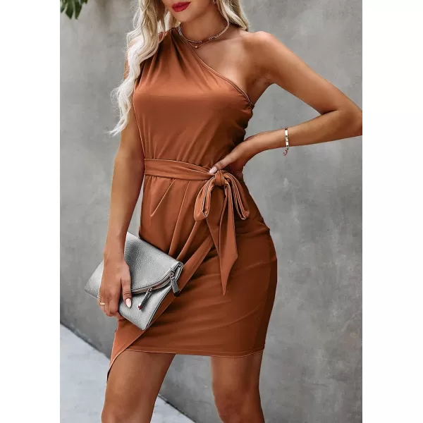 imagePRETTYGARDEN Womens Fashion One Shoulder Ruched Bodycon Fitted Cocktail Party Mini DressOrange Red