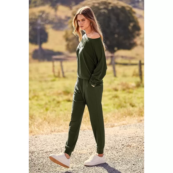 imagePRETTYGARDEN Womens Fashion Outfits 2 Piece Sweatsuit Solid Color Long Sleeve Pullover Long PantsArmy Green