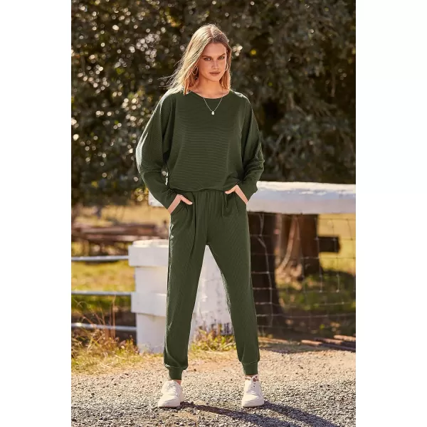 imagePRETTYGARDEN Womens Fashion Outfits 2 Piece Sweatsuit Solid Color Long Sleeve Pullover Long PantsArmy Green