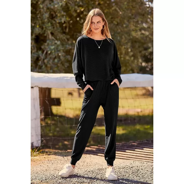 imagePRETTYGARDEN Womens Fashion Outfits 2 Piece Sweatsuit Solid Color Long Sleeve Pullover Long PantsBlack