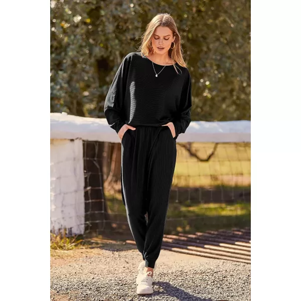 imagePRETTYGARDEN Womens Fashion Outfits 2 Piece Sweatsuit Solid Color Long Sleeve Pullover Long PantsBlack