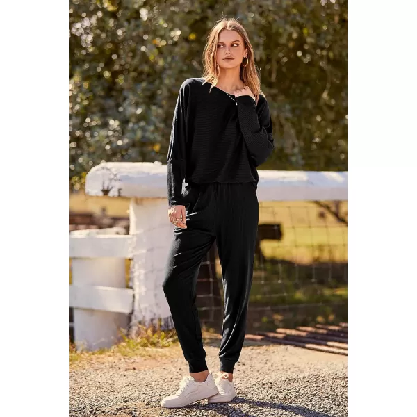 imagePRETTYGARDEN Womens Fashion Outfits 2 Piece Sweatsuit Solid Color Long Sleeve Pullover Long PantsBlack