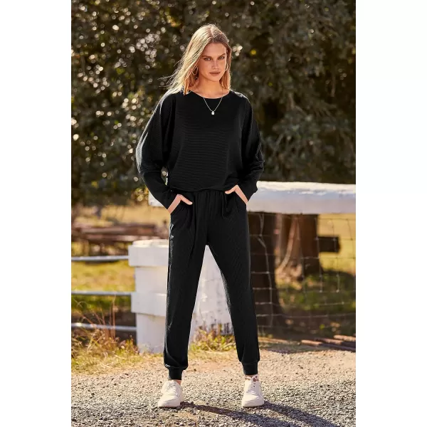 imagePRETTYGARDEN Womens Fashion Outfits 2 Piece Sweatsuit Solid Color Long Sleeve Pullover Long PantsBlack