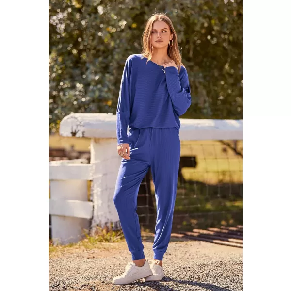 imagePRETTYGARDEN Womens Fashion Outfits 2 Piece Sweatsuit Solid Color Long Sleeve Pullover Long PantsBlue