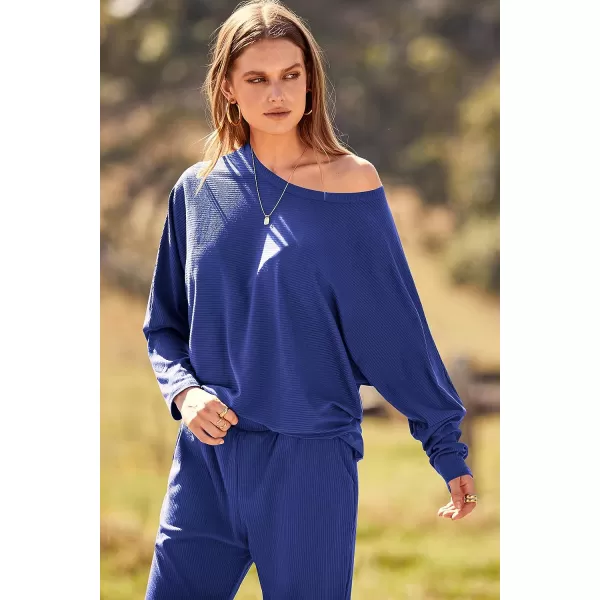 imagePRETTYGARDEN Womens Fashion Outfits 2 Piece Sweatsuit Solid Color Long Sleeve Pullover Long PantsBlue