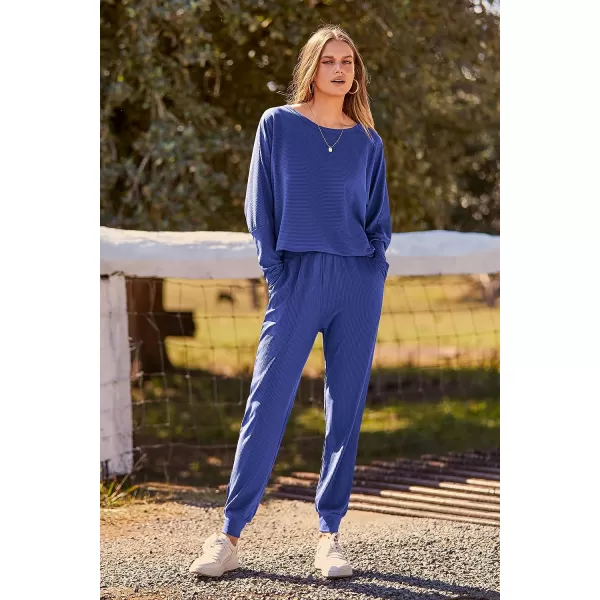 imagePRETTYGARDEN Womens Fashion Outfits 2 Piece Sweatsuit Solid Color Long Sleeve Pullover Long PantsBlue