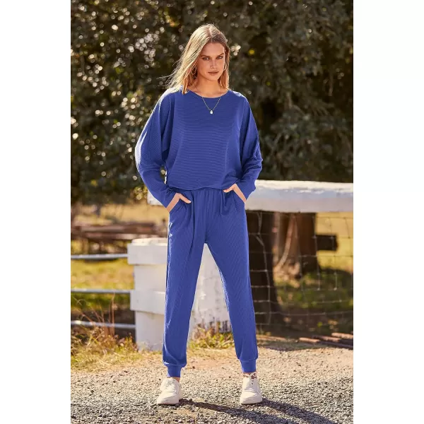 imagePRETTYGARDEN Womens Fashion Outfits 2 Piece Sweatsuit Solid Color Long Sleeve Pullover Long PantsBlue