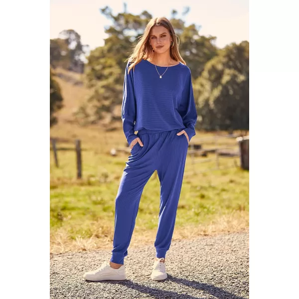 imagePRETTYGARDEN Womens Fashion Outfits 2 Piece Sweatsuit Solid Color Long Sleeve Pullover Long PantsBlue
