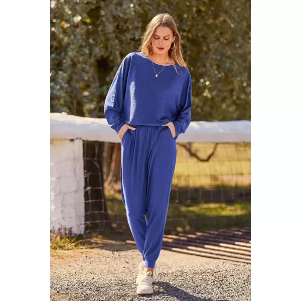 imagePRETTYGARDEN Womens Fashion Outfits 2 Piece Sweatsuit Solid Color Long Sleeve Pullover Long PantsBlue