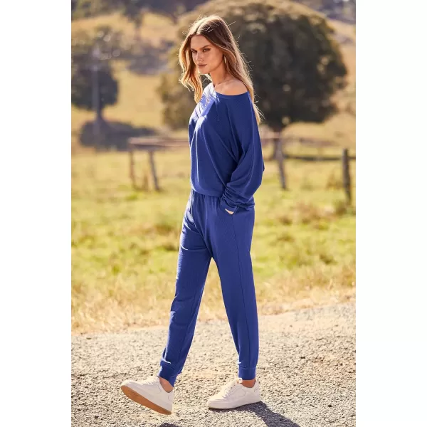 imagePRETTYGARDEN Womens Fashion Outfits 2 Piece Sweatsuit Solid Color Long Sleeve Pullover Long PantsBlue