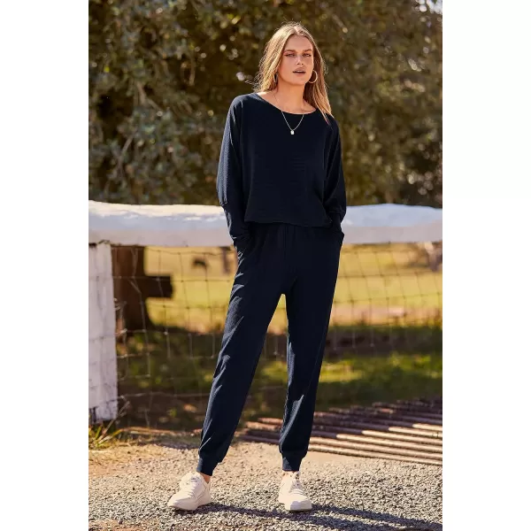 imagePRETTYGARDEN Womens Fashion Outfits 2 Piece Sweatsuit Solid Color Long Sleeve Pullover Long PantsDark Blue