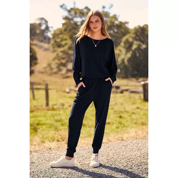 imagePRETTYGARDEN Womens Fashion Outfits 2 Piece Sweatsuit Solid Color Long Sleeve Pullover Long PantsDark Blue