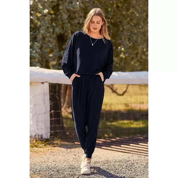 imagePRETTYGARDEN Womens Fashion Outfits 2 Piece Sweatsuit Solid Color Long Sleeve Pullover Long PantsDark Blue