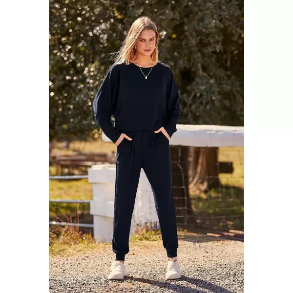 imagePRETTYGARDEN Womens Fashion Outfits 2 Piece Sweatsuit Solid Color Long Sleeve Pullover Long PantsDark Blue