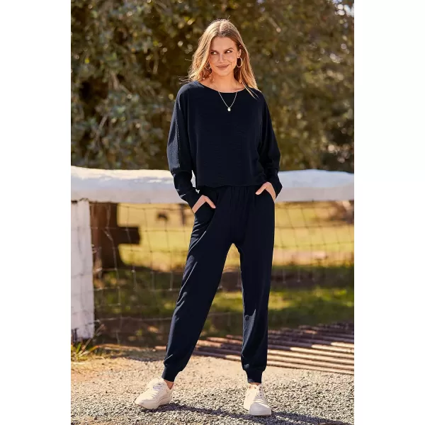 imagePRETTYGARDEN Womens Fashion Outfits 2 Piece Sweatsuit Solid Color Long Sleeve Pullover Long PantsDark Blue