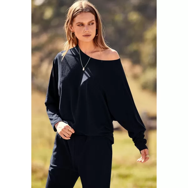 imagePRETTYGARDEN Womens Fashion Outfits 2 Piece Sweatsuit Solid Color Long Sleeve Pullover Long PantsDark Blue