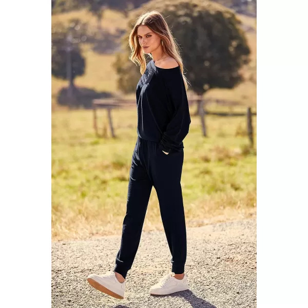 imagePRETTYGARDEN Womens Fashion Outfits 2 Piece Sweatsuit Solid Color Long Sleeve Pullover Long PantsDark Blue