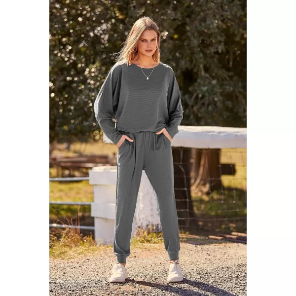 imagePRETTYGARDEN Womens Fashion Outfits 2 Piece Sweatsuit Solid Color Long Sleeve Pullover Long PantsDark Grey