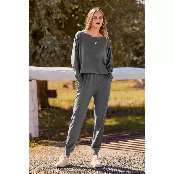 imagePRETTYGARDEN Womens Fashion Outfits 2 Piece Sweatsuit Solid Color Long Sleeve Pullover Long PantsDark Grey