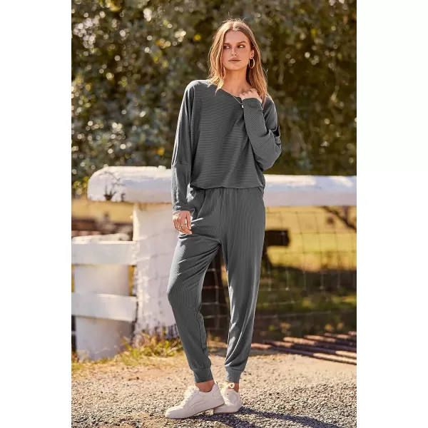 imagePRETTYGARDEN Womens Fashion Outfits 2 Piece Sweatsuit Solid Color Long Sleeve Pullover Long PantsDark Grey