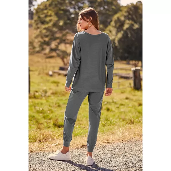 imagePRETTYGARDEN Womens Fashion Outfits 2 Piece Sweatsuit Solid Color Long Sleeve Pullover Long PantsDark Grey